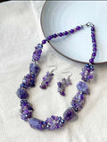Natural Raw Amethyst Jewelry Set Silver Plated Chunky Necklace Dangle Earrings Purple Crystal Bohemian Women Gift