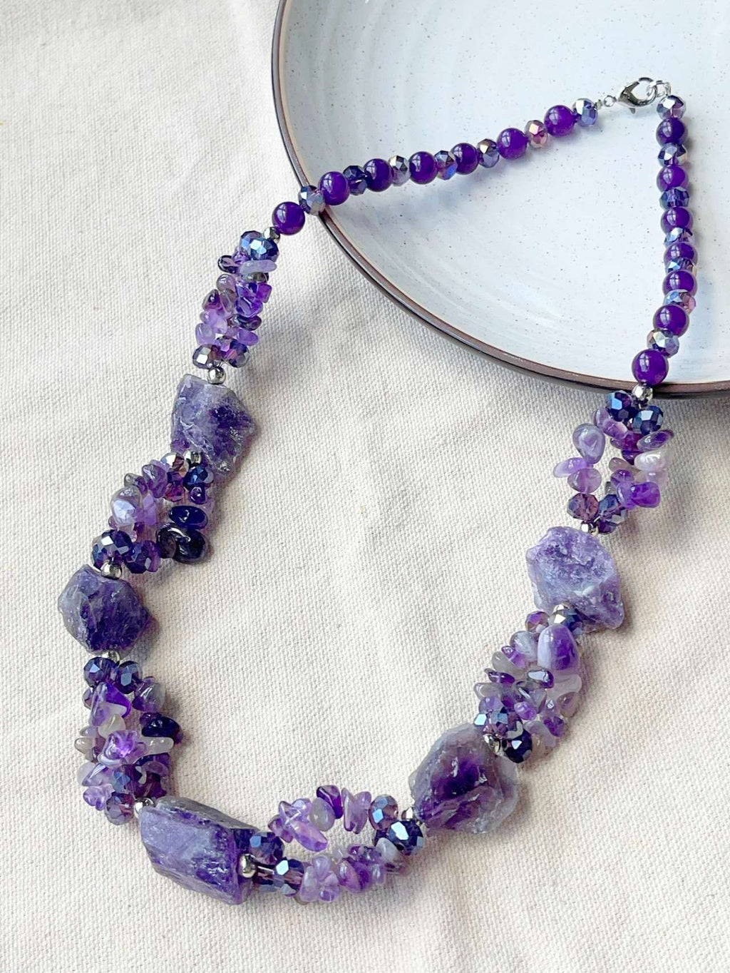 Natural Raw Amethyst Jewelry Set Silver Plated Chunky Necklace Dangle Earrings Purple Crystal Bohemian Women Gift