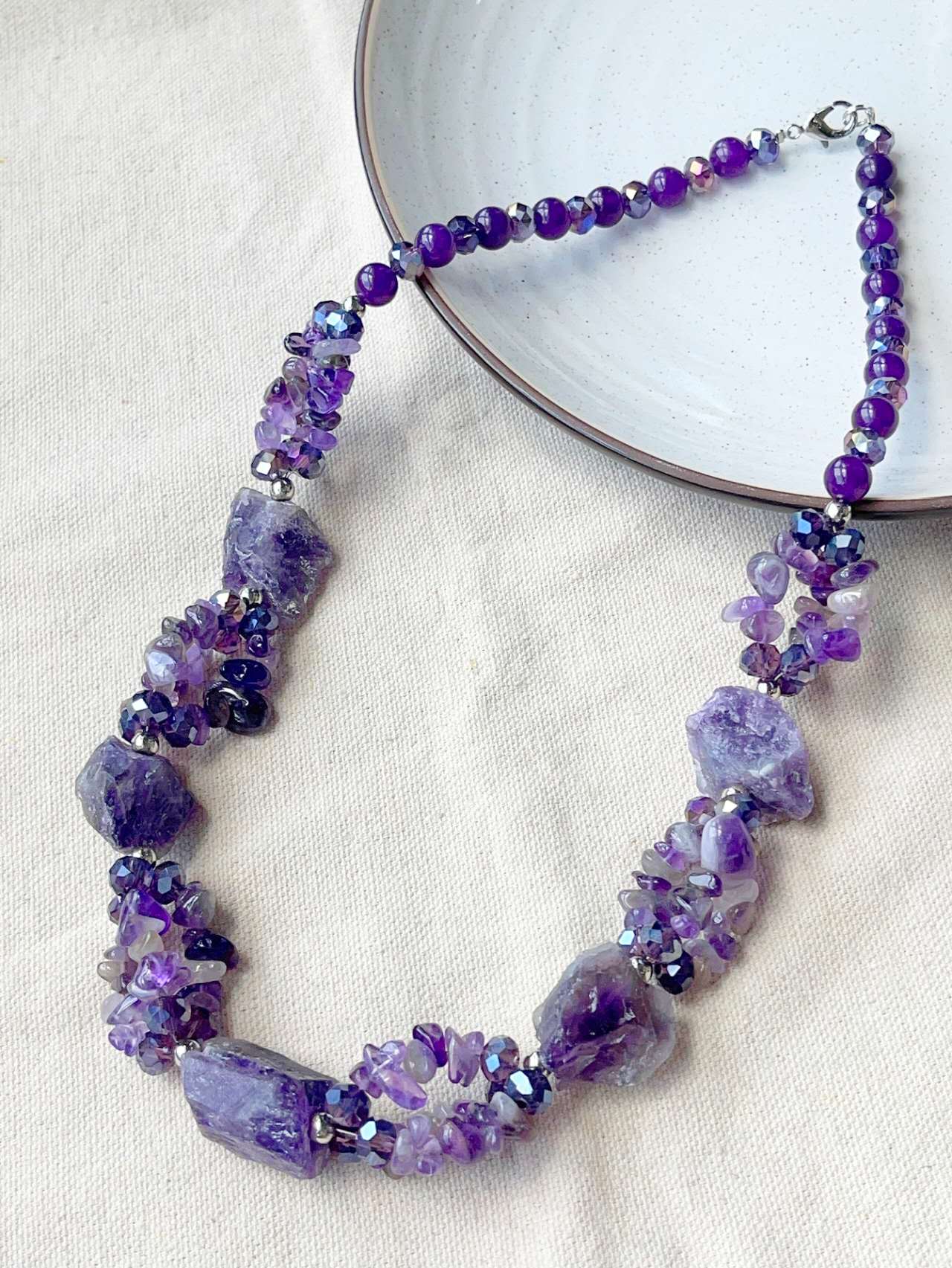 Natural Raw Amethyst Jewelry Set Silver Plated Chunky Necklace Dangle Earrings Purple Crystal Bohemian Women Gift