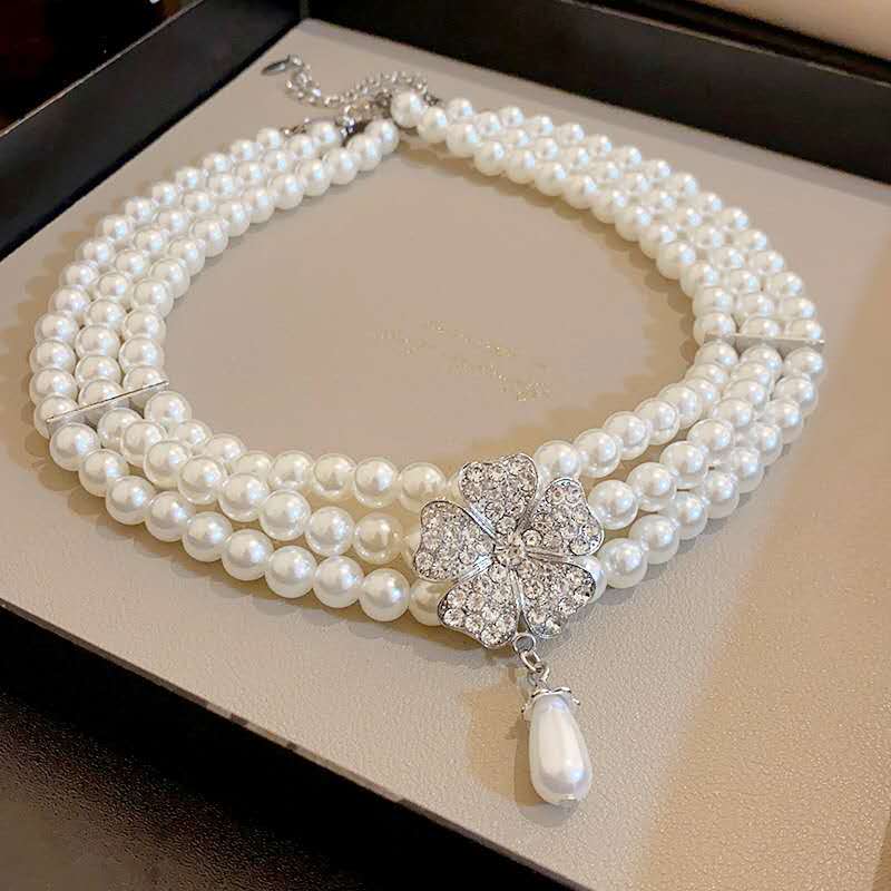Vintage SET of Multi-Pearl and Floral Rhinestone Teardrop 2PCS