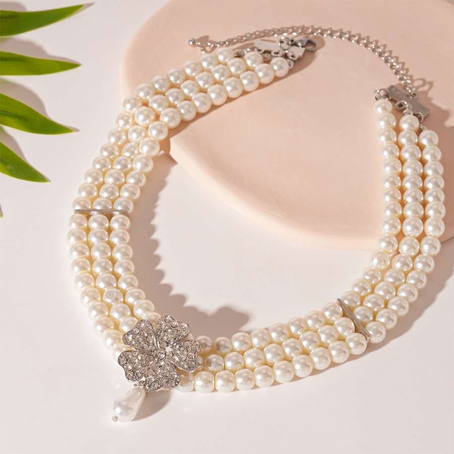 Vintage SET of Multi-Pearl and Floral Rhinestone Teardrop 2PCS