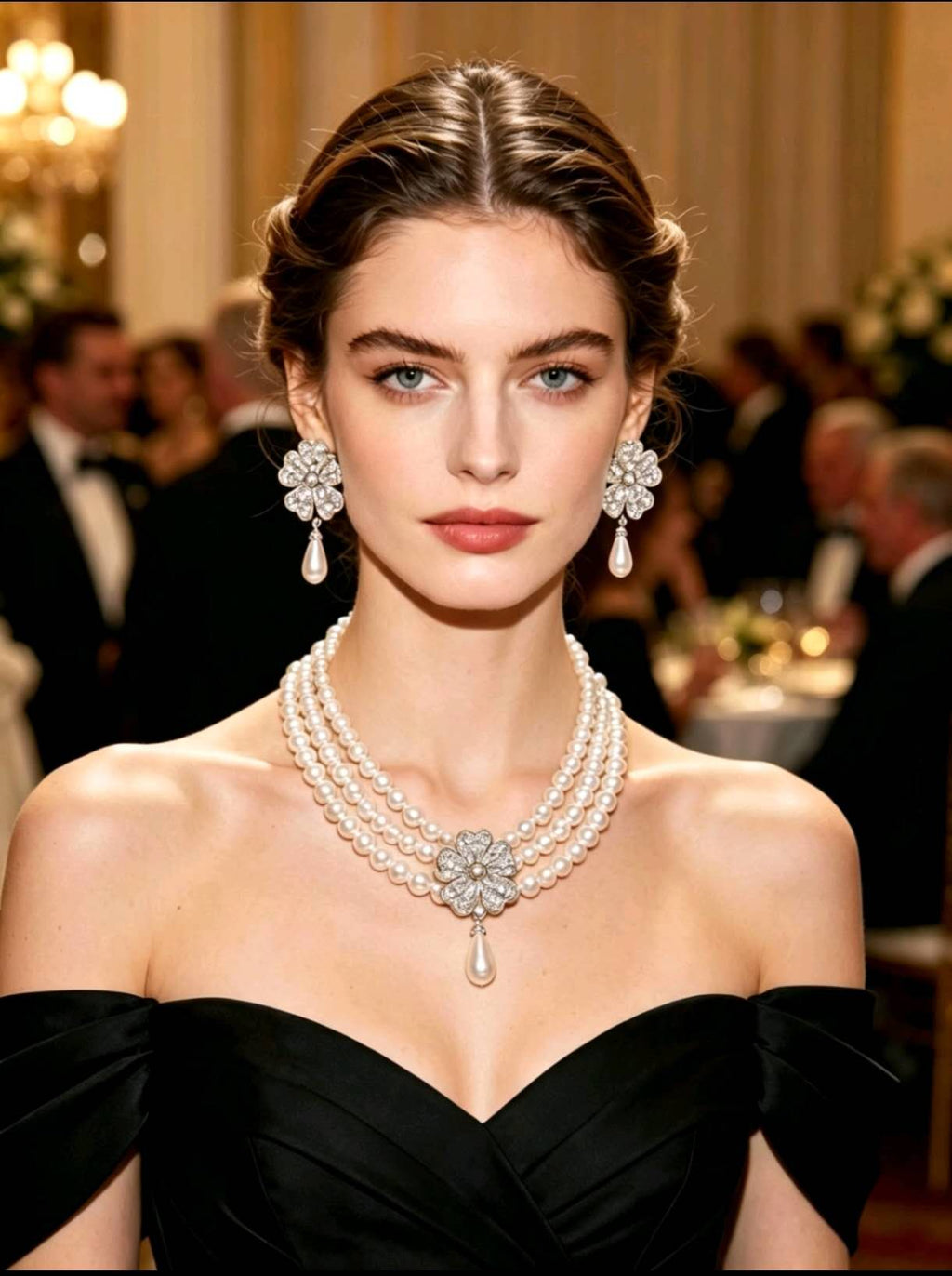 Vintage SET of Multi-Pearl and Floral Rhinestone Teardrop 2PCS