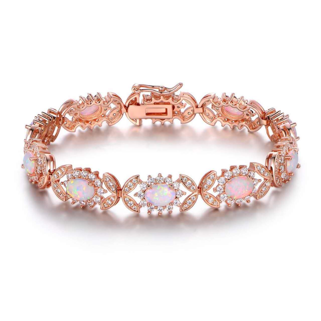 925 silver bracelet with opal, floral link bracelet set with cubic zirconia
