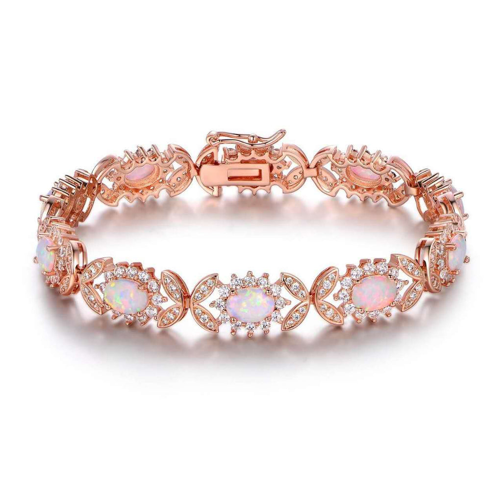 925 silver bracelet with opal, floral link bracelet set with cubic zirconia
