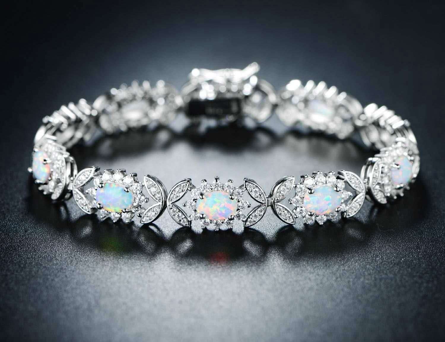 925 silver bracelet with opal, floral link bracelet set with cubic zirconia