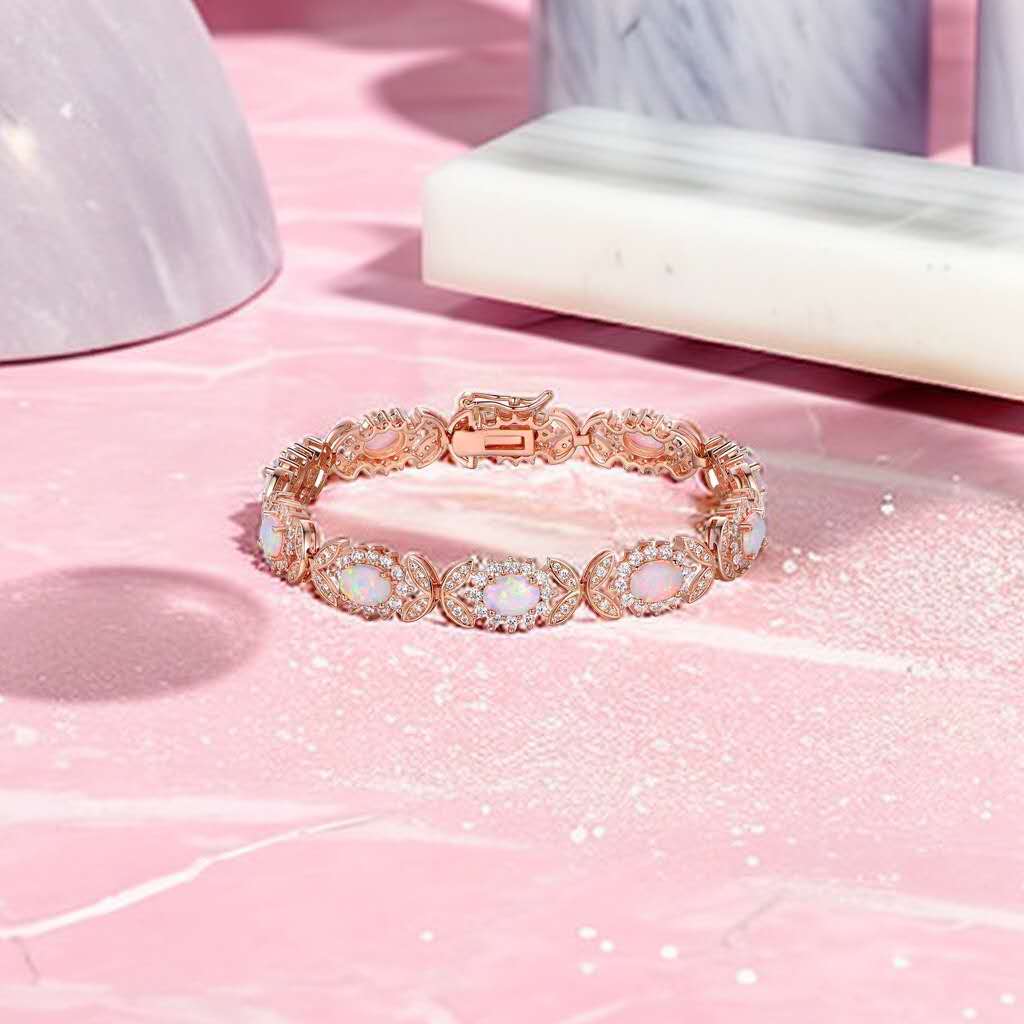925 silver bracelet with opal, floral link bracelet set with cubic zirconia