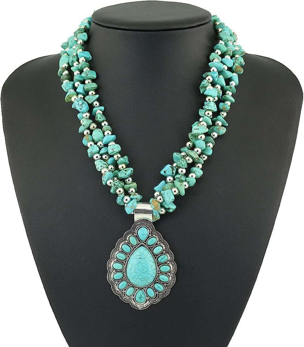 Multi Strand Natural Turquoise Necklace, Teardrop Turquoise Pendant Western Boho Statement Necklace