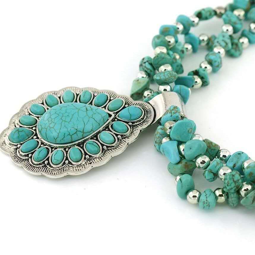 Multi Strand Natural Turquoise Necklace, Teardrop Turquoise Pendant Western Boho Statement Necklace