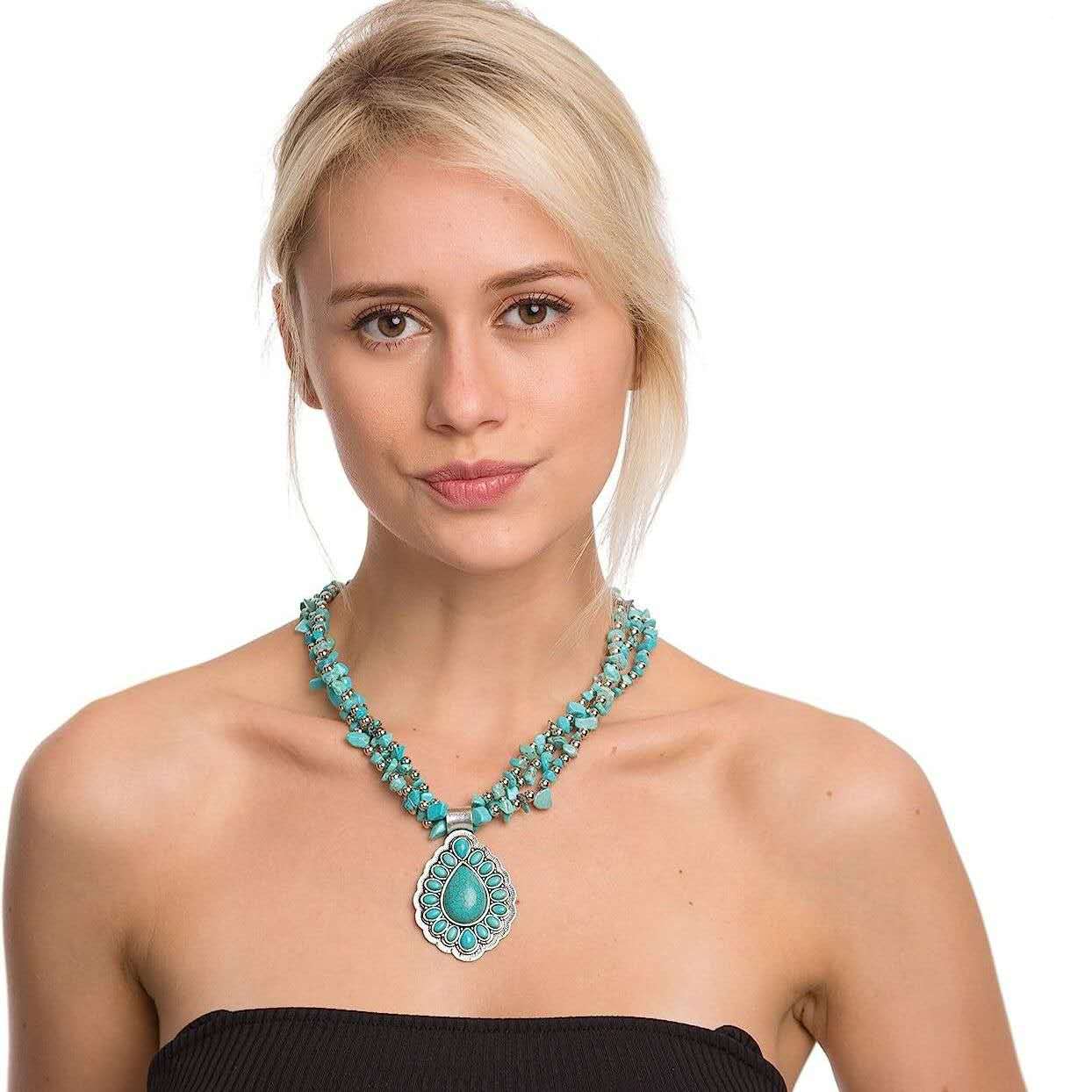 Multi Strand Natural Turquoise Necklace, Teardrop Turquoise Pendant Western Boho Statement Necklace