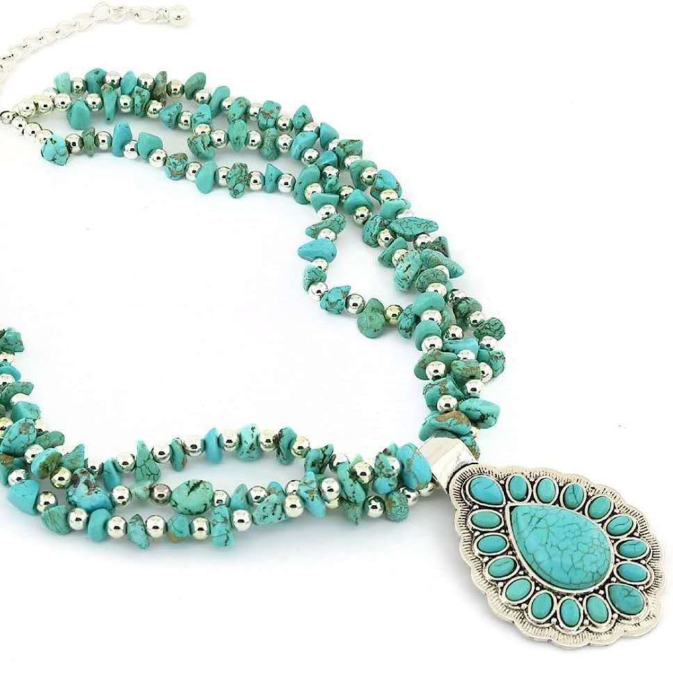 Multi Strand Natural Turquoise Necklace, Teardrop Turquoise Pendant Western Boho Statement Necklace