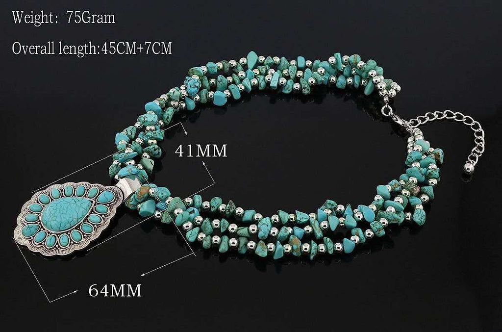 Multi Strand Natural Turquoise Necklace, Teardrop Turquoise Pendant Western Boho Statement Necklace