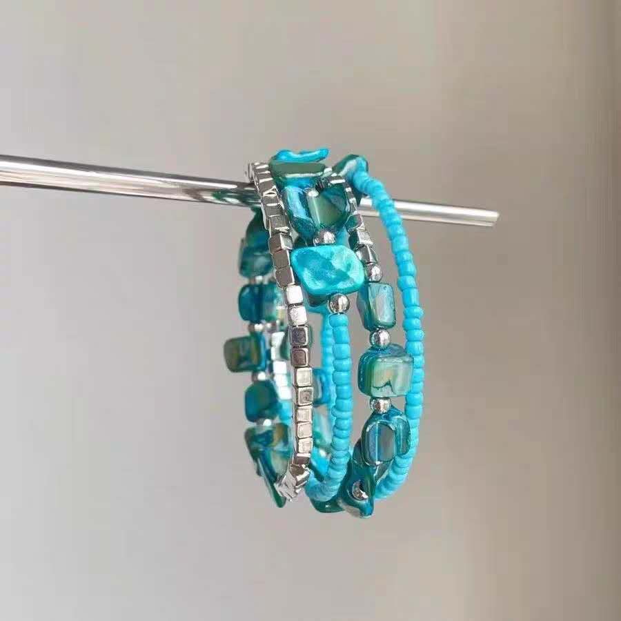 Boho Handmade Beaded Jewellery Set, Multi Strand Seed Bead Necklace Bracelet Earrings 3 Pieces Jewelry Set