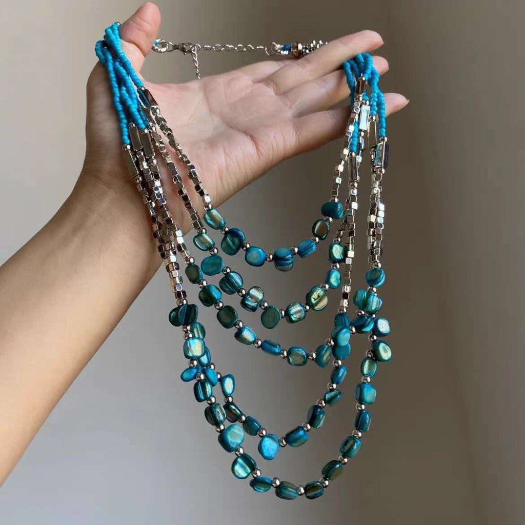 Boho Handmade Beaded Jewellery Set, Multi Strand Seed Bead Necklace Bracelet Earrings 3 Pieces Jewelry Set