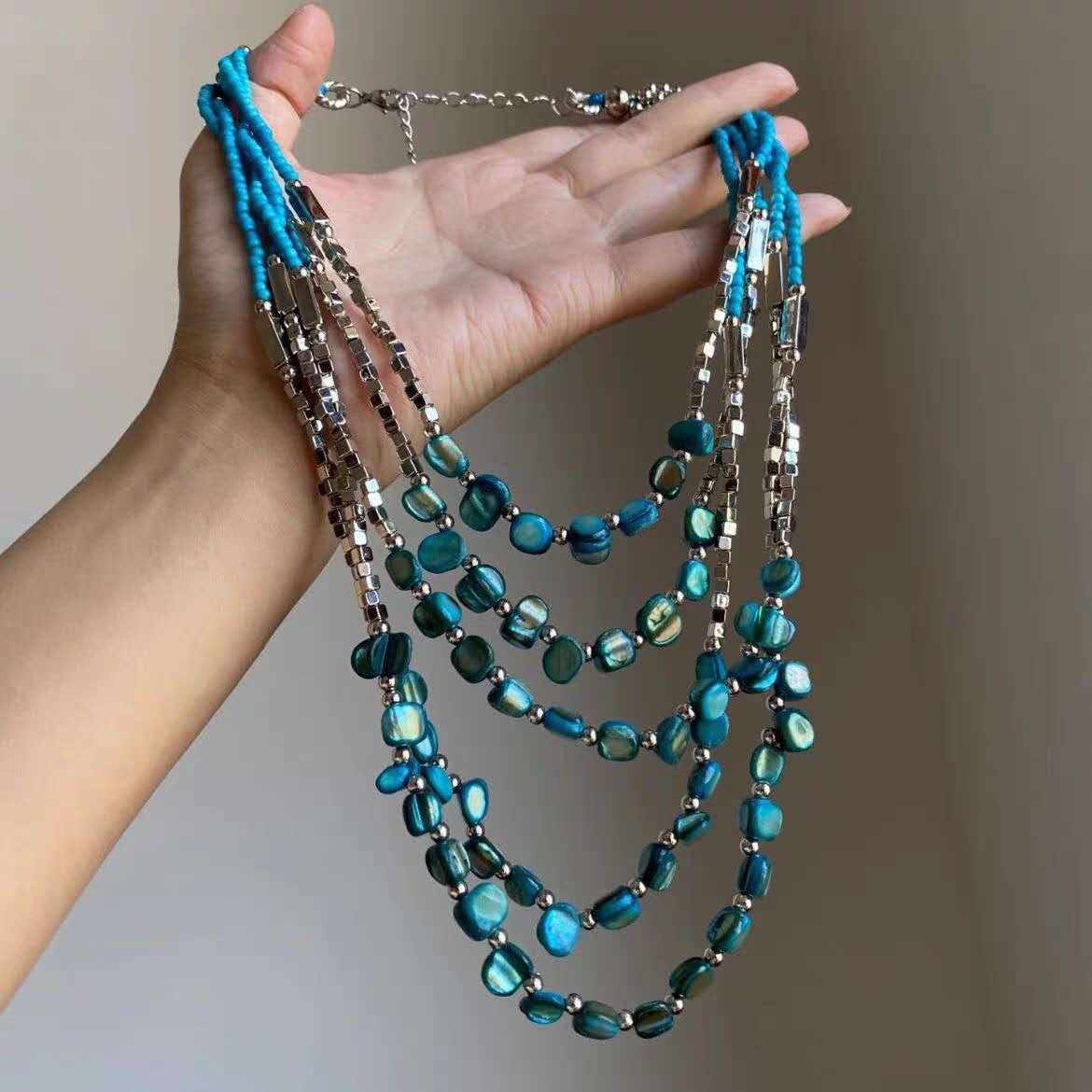 Boho Handmade Beaded Jewellery Set, Multi Strand Seed Bead Necklace Bracelet Earrings 3 Pieces Jewelry Set