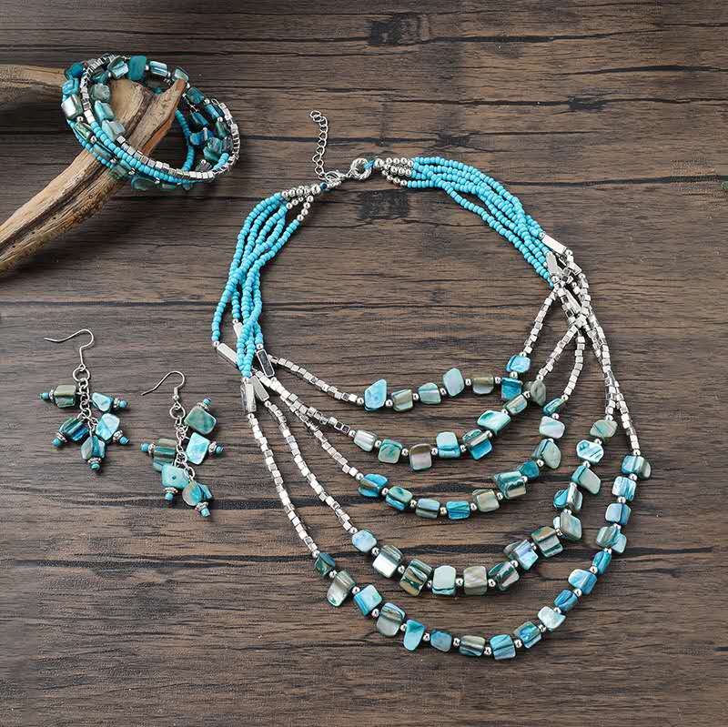 Boho Handmade Beaded Jewellery Set, Multi Strand Seed Bead Necklace Bracelet Earrings 3 Pieces Jewelry Set