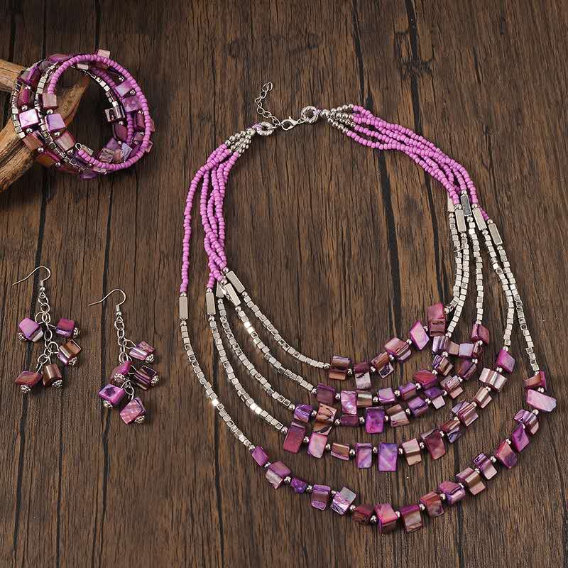 Boho Handmade Beaded Jewellery Set, Multi Strand Seed Bead Necklace Bracelet Earrings 3 Pieces Jewelry Set