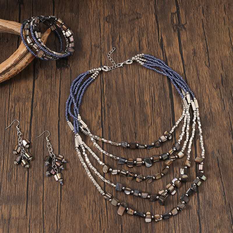 Boho Handmade Beaded Jewellery Set, Multi Strand Seed Bead Necklace Bracelet Earrings 3 Pieces Jewelry Set