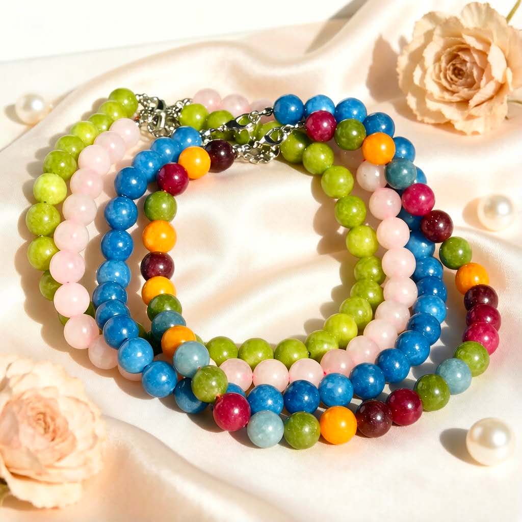 Natural Round Stone Bead Choker Necklace, 12mm Smooth Gemstone Beaded Necklace with Adjustable Extension Chain, Multiple Colours Available