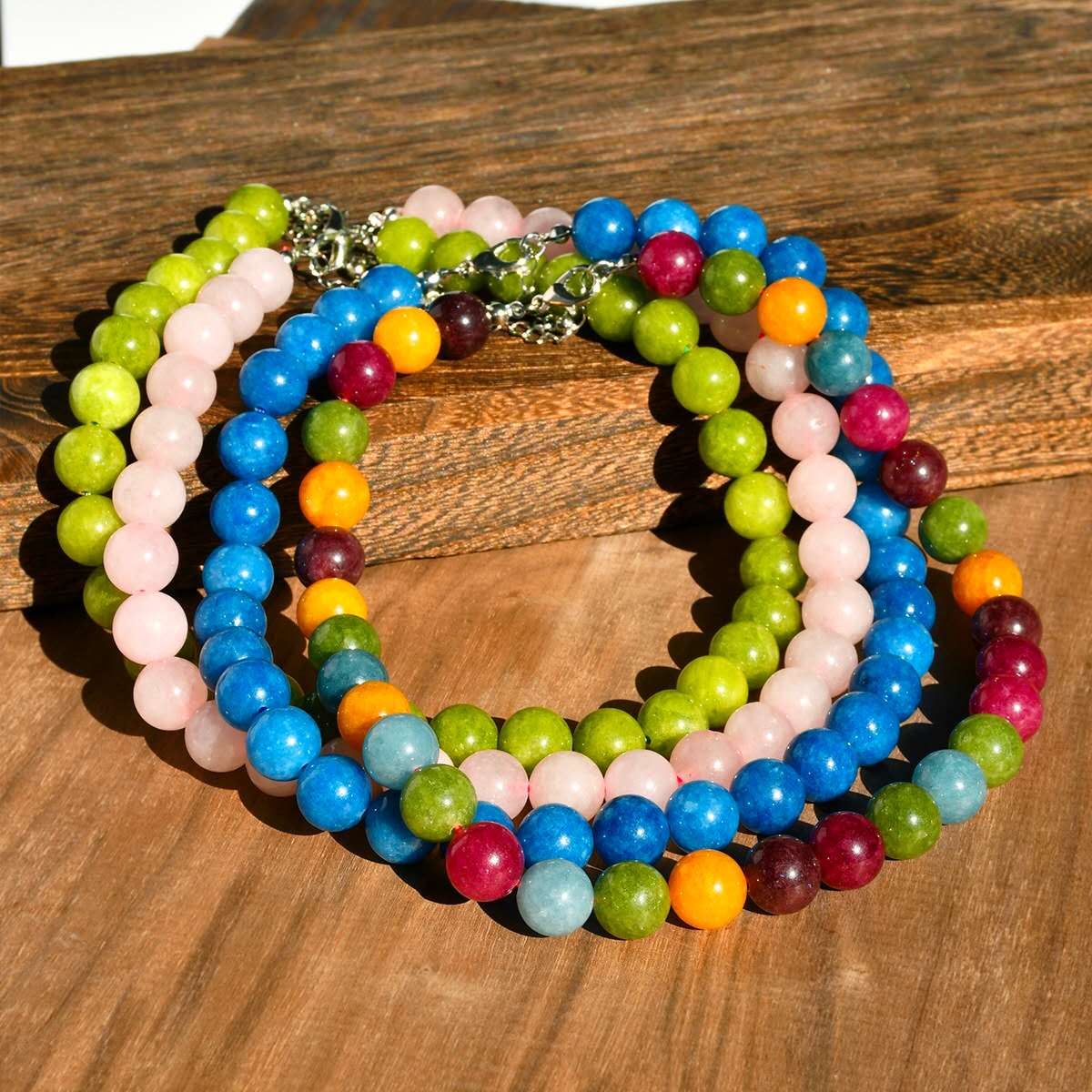 Natural Round Stone Bead Choker Necklace, 12mm Smooth Gemstone Beaded Necklace with Adjustable Extension Chain, Multiple Colours Available