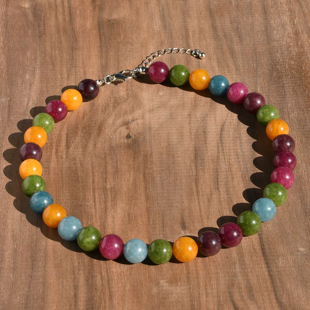 Natural Round Stone Bead Choker Necklace, 12mm Smooth Gemstone Beaded Necklace with Adjustable Extension Chain, Multiple Colours Available