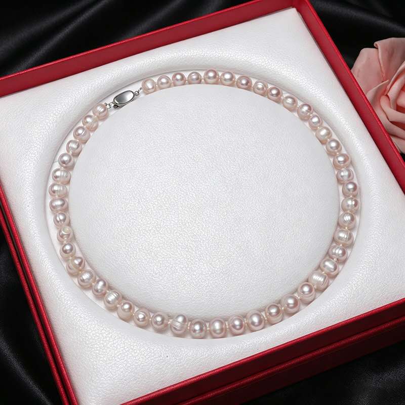 8-9mm Natural Freshwater Pearl Necklace, White Oval Baroque Pearl Single Strand Necklace Silver Clasp for Women Wedding Daily Jewelry
