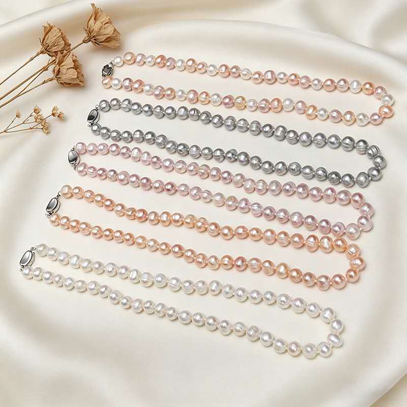 8-9mm Natural Freshwater Pearl Necklace, White Oval Baroque Pearl Single Strand Necklace Silver Clasp for Women Wedding Daily Jewelry