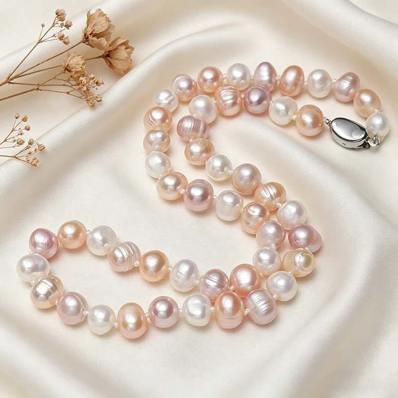 8-9mm Natural Freshwater Pearl Necklace, White Oval Baroque Pearl Single Strand Necklace Silver Clasp for Women Wedding Daily Jewelry