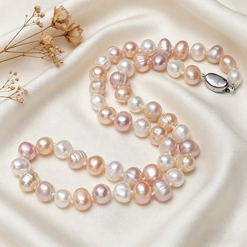 8-9mm Natural Freshwater Pearl Necklace, White Oval Baroque Pearl Single Strand Necklace Silver Clasp for Women Wedding Daily Jewelry