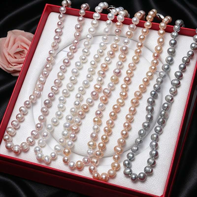8-9mm Natural Freshwater Pearl Necklace, White Oval Baroque Pearl Single Strand Necklace Silver Clasp for Women Wedding Daily Jewelry