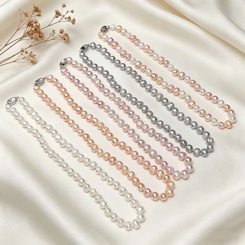 8-9mm Natural Freshwater Pearl Necklace, White Oval Baroque Pearl Single Strand Necklace Silver Clasp for Women Wedding Daily Jewelry