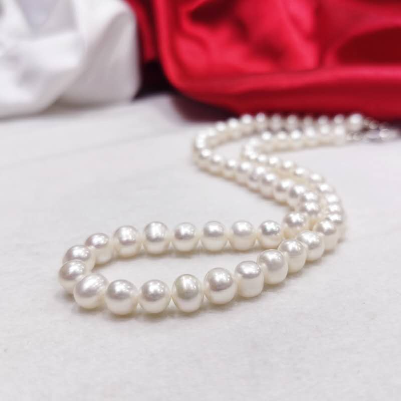 Natural Freshwater White Pearl Necklace, 7-8mm Round Pearls Beaded Necklace with Lobster Clasp, Classic Ladies Pearl Choker