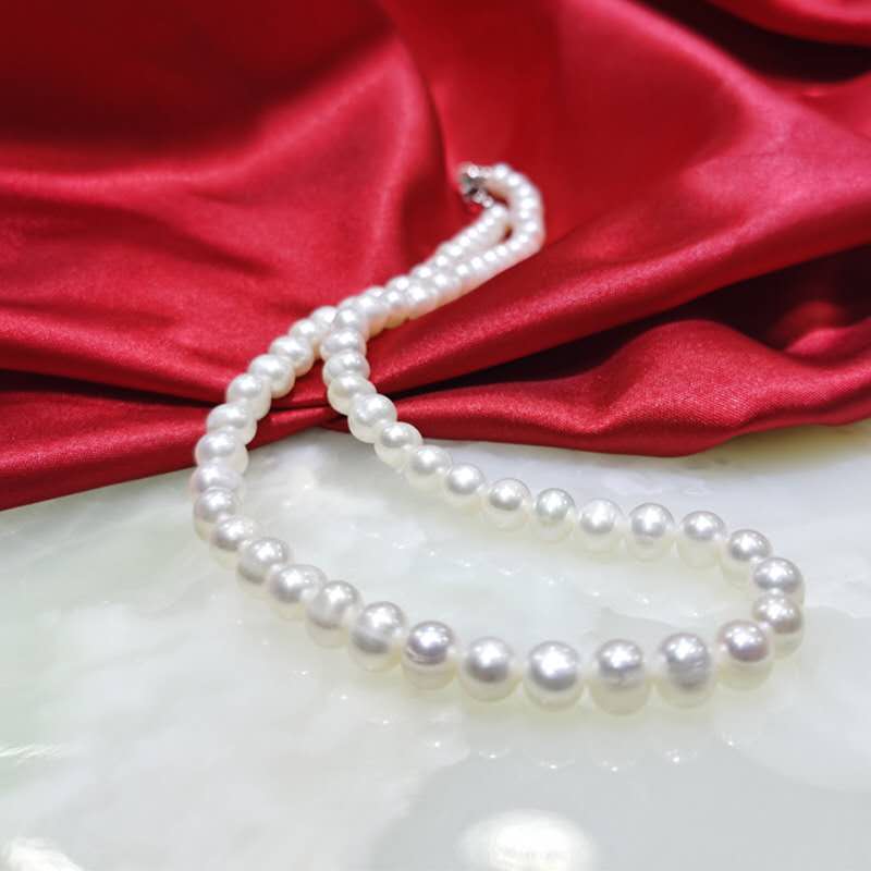 Natural Freshwater White Pearl Necklace, 7-8mm Round Pearls Beaded Necklace with Lobster Clasp, Classic Ladies Pearl Choker