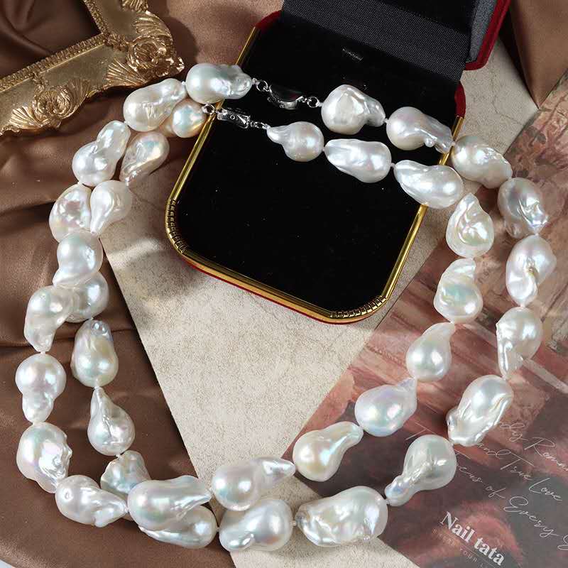 Natural Baroque Freshwater Pearl Necklace, 45cm Hand Knotted Pearl Strand with 925 Sterling Silver Lobster Clasp, Irregular White Baroque Pearl Choker for Women