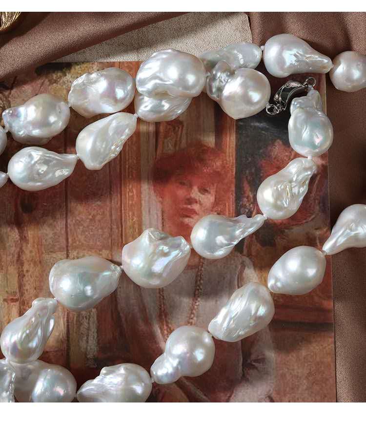 Natural Baroque Freshwater Pearl Necklace, 45cm Hand Knotted Pearl Strand with 925 Sterling Silver Lobster Clasp, Irregular White Baroque Pearl Choker for Women