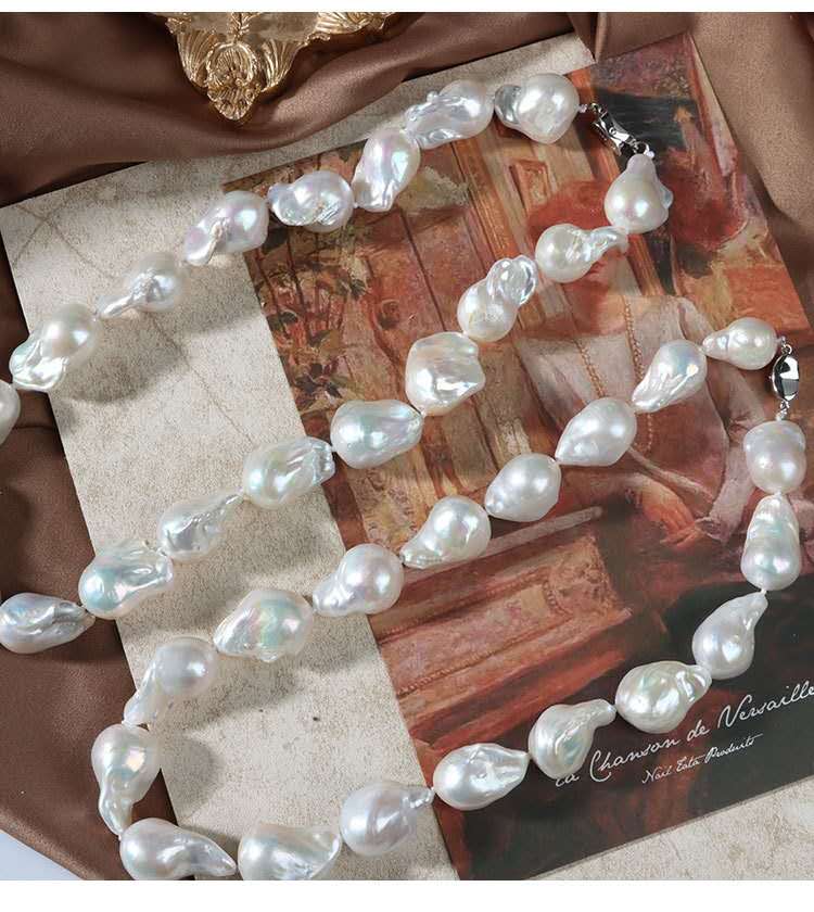 Natural Baroque Freshwater Pearl Necklace, 45cm Hand Knotted Pearl Strand with 925 Sterling Silver Lobster Clasp, Irregular White Baroque Pearl Choker for Women