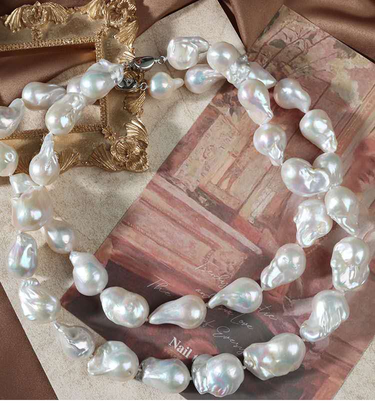Natural Baroque Freshwater Pearl Necklace, 45cm Hand Knotted Pearl Strand with 925 Sterling Silver Lobster Clasp, Irregular White Baroque Pearl Choker for Women