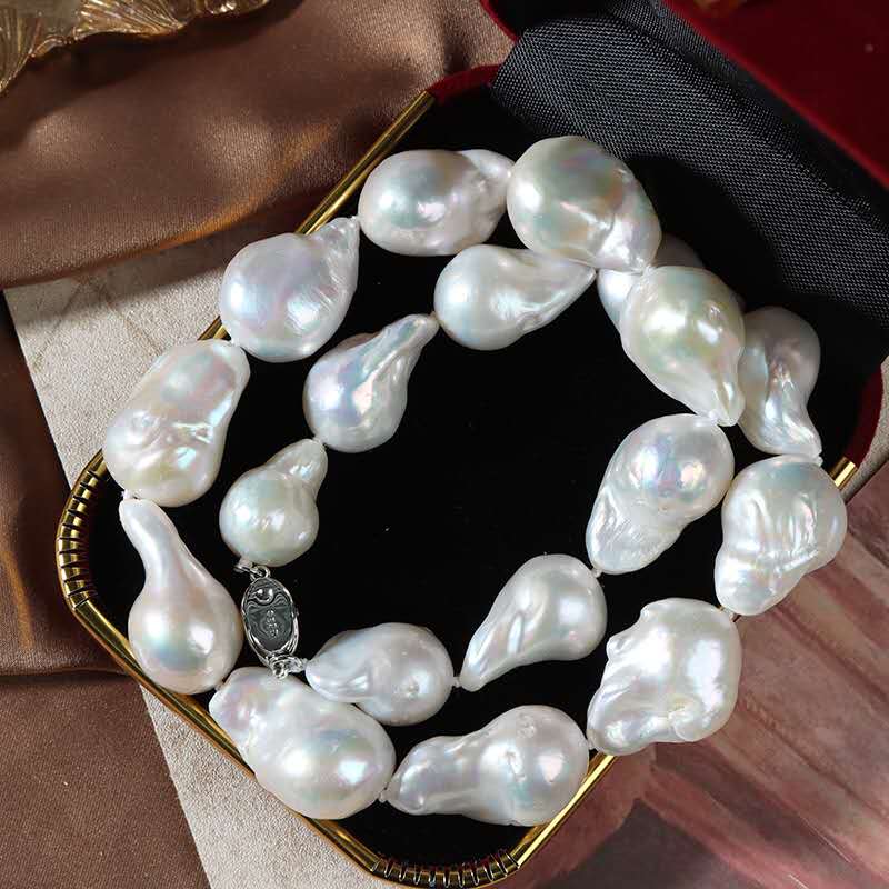 Natural Baroque Freshwater Pearl Necklace, 45cm Hand Knotted Pearl Strand with 925 Sterling Silver Lobster Clasp, Irregular White Baroque Pearl Choker for Women
