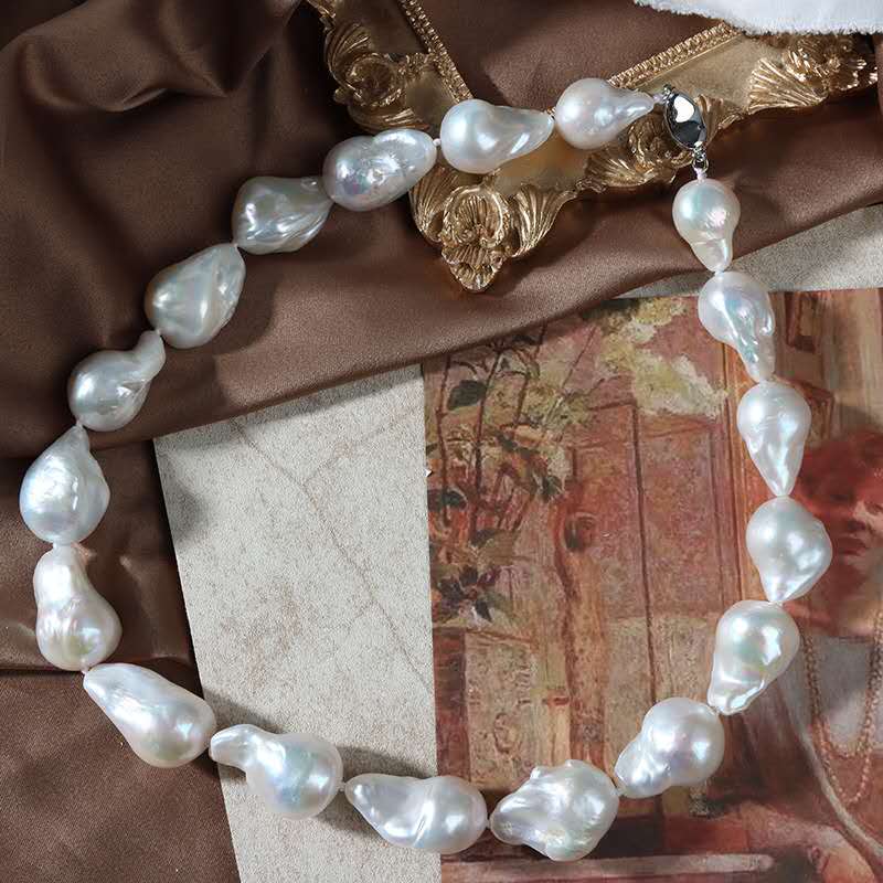 Natural Baroque Freshwater Pearl Necklace, 45cm Hand Knotted Pearl Strand with 925 Sterling Silver Lobster Clasp, Irregular White Baroque Pearl Choker for Women