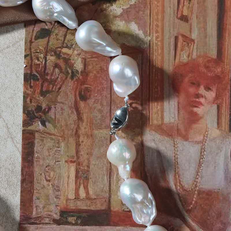 Natural Baroque Freshwater Pearl Necklace, 45cm Hand Knotted Pearl Strand with 925 Sterling Silver Lobster Clasp, Irregular White Baroque Pearl Choker for Women