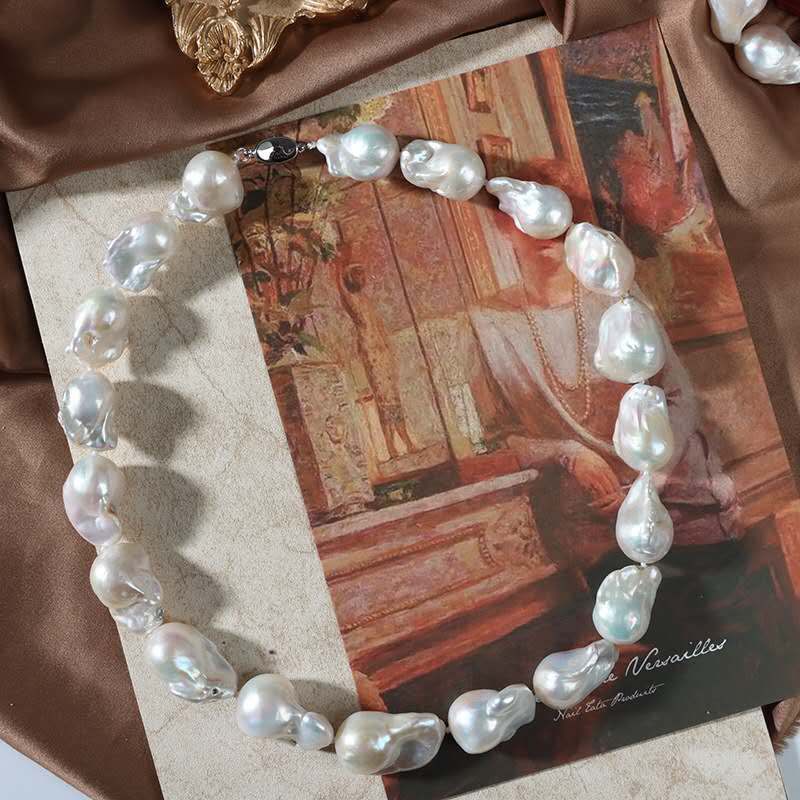 Natural Baroque Freshwater Pearl Necklace, 45cm Hand Knotted Pearl Strand with 925 Sterling Silver Lobster Clasp, Irregular White Baroque Pearl Choker for Women