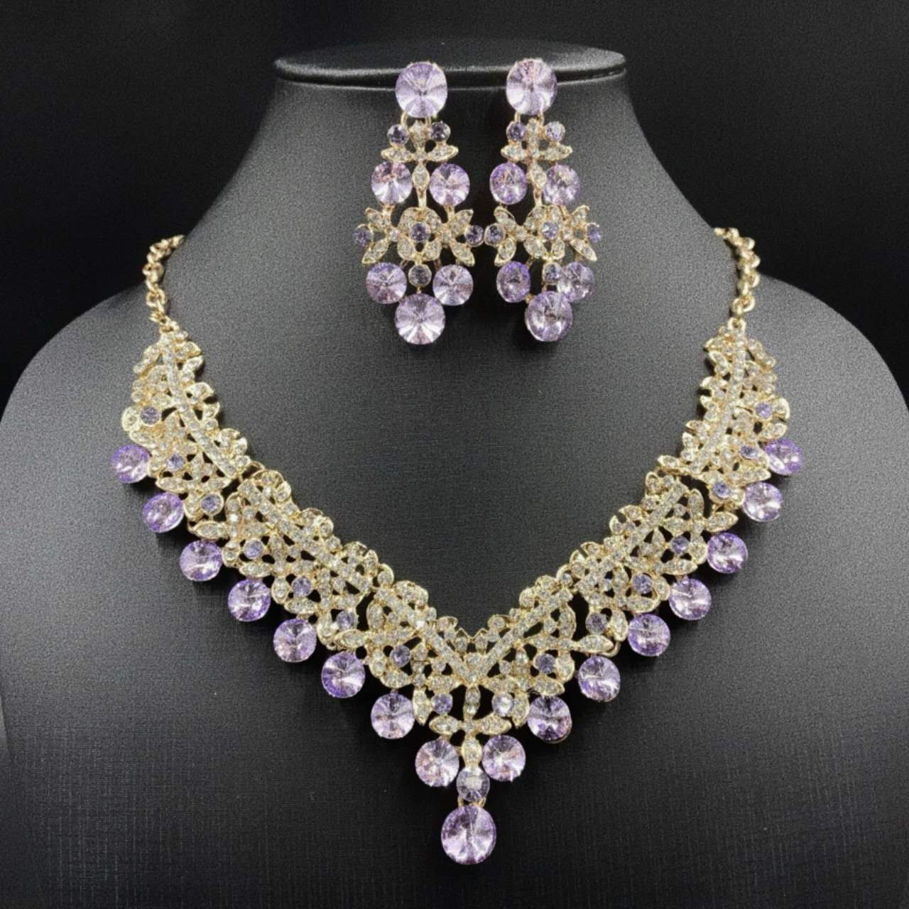 AAA Cubic Zirconia Crystal 2Pcs Jewellery Set, Statement Necklace & Drop Earrings Formal Wedding Evening Party Jewelry, 4 Colour Options For Women