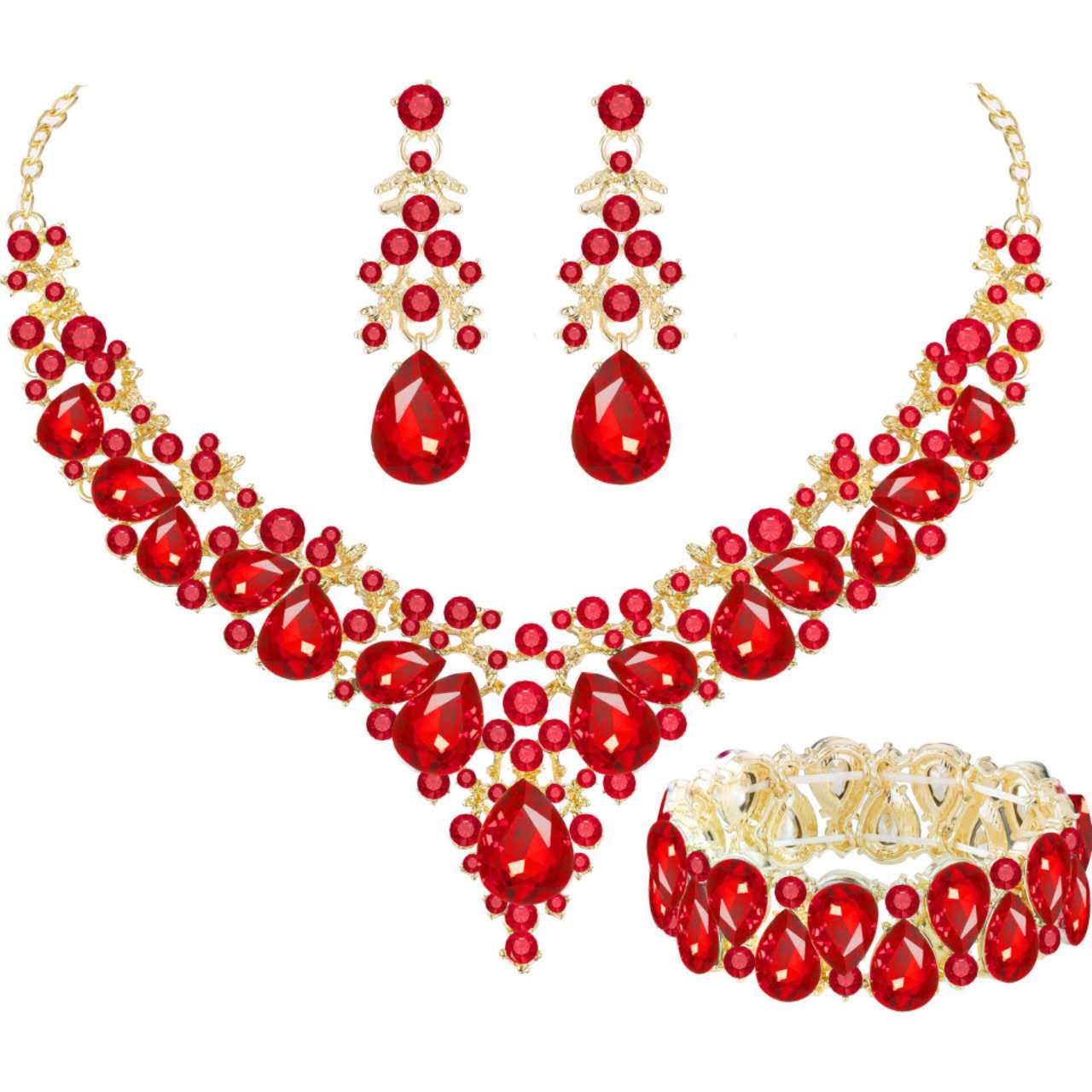 AAA Cubic Zirconia Crystal 3Pcs Jewellery Set, Statement Necklace Drop Earrings Stretch Bracelet Wedding Evening Formal Jewelry, 5 Colour Options For Women