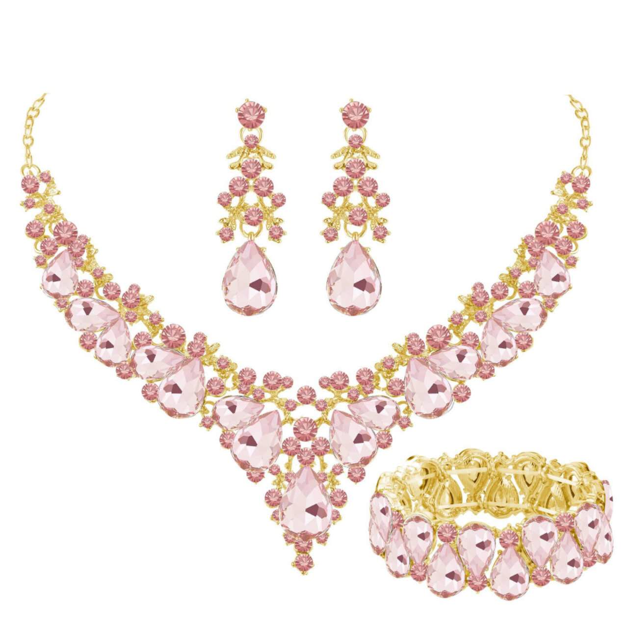 AAA Cubic Zirconia Crystal 3Pcs Jewellery Set, Statement Necklace Drop Earrings Stretch Bracelet Wedding Evening Formal Jewelry, 5 Colour Options For Women