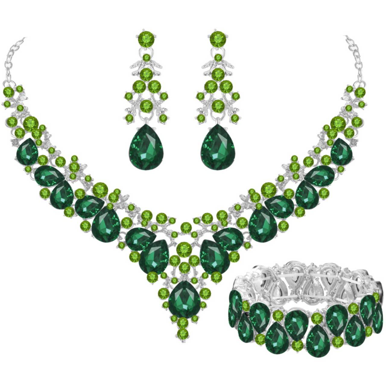 AAA Cubic Zirconia Crystal 3Pcs Jewellery Set, Statement Necklace Drop Earrings Stretch Bracelet Wedding Evening Formal Jewelry, 5 Colour Options For Women