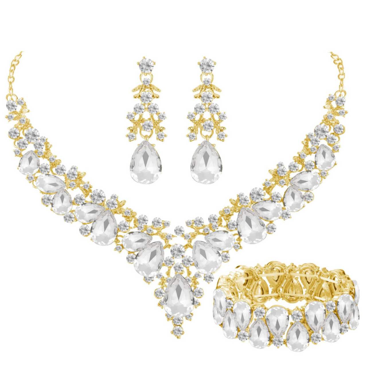AAA Cubic Zirconia Crystal 3Pcs Jewellery Set, Statement Necklace Drop Earrings Stretch Bracelet Wedding Evening Formal Jewelry, 5 Colour Options For Women