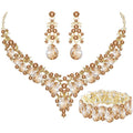 AAA Cubic Zirconia Crystal 3Pcs Jewellery Set, Statement Necklace Drop Earrings Stretch Bracelet Wedding Evening Formal Jewelry, 5 Colour Options For Women