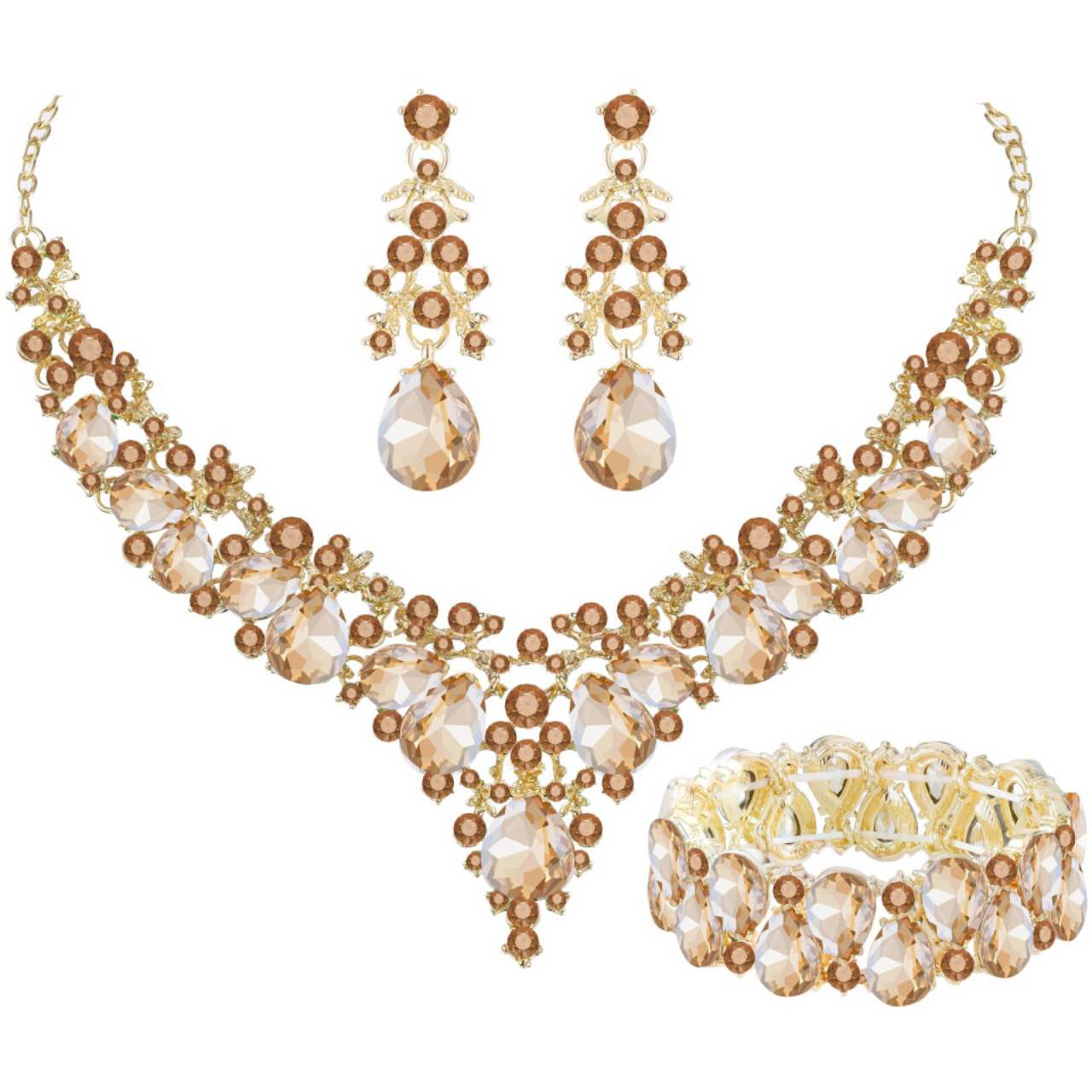 AAA Cubic Zirconia Crystal 3Pcs Jewellery Set, Statement Necklace Drop Earrings Stretch Bracelet Wedding Evening Formal Jewelry, 5 Colour Options For Women