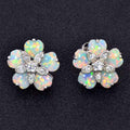 Opal Flower Stud Earrings, White Created Opal Floral Earrings with Cubic Zirconia, Silver Tone Flower Clip On Earrings for Women