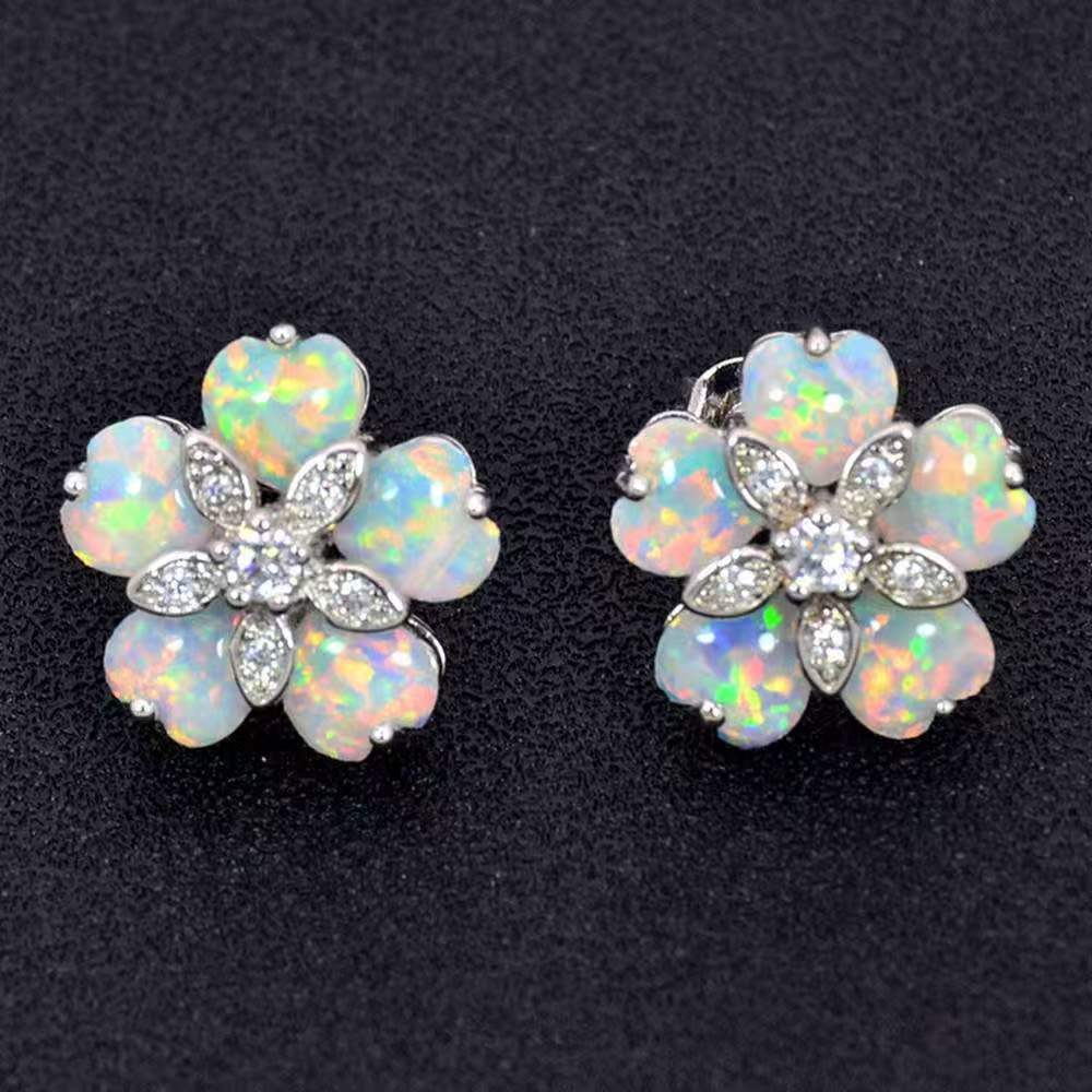 Opal Flower Stud Earrings, White Created Opal Floral Earrings with Cubic Zirconia, Silver Tone Flower Clip On Earrings for Women