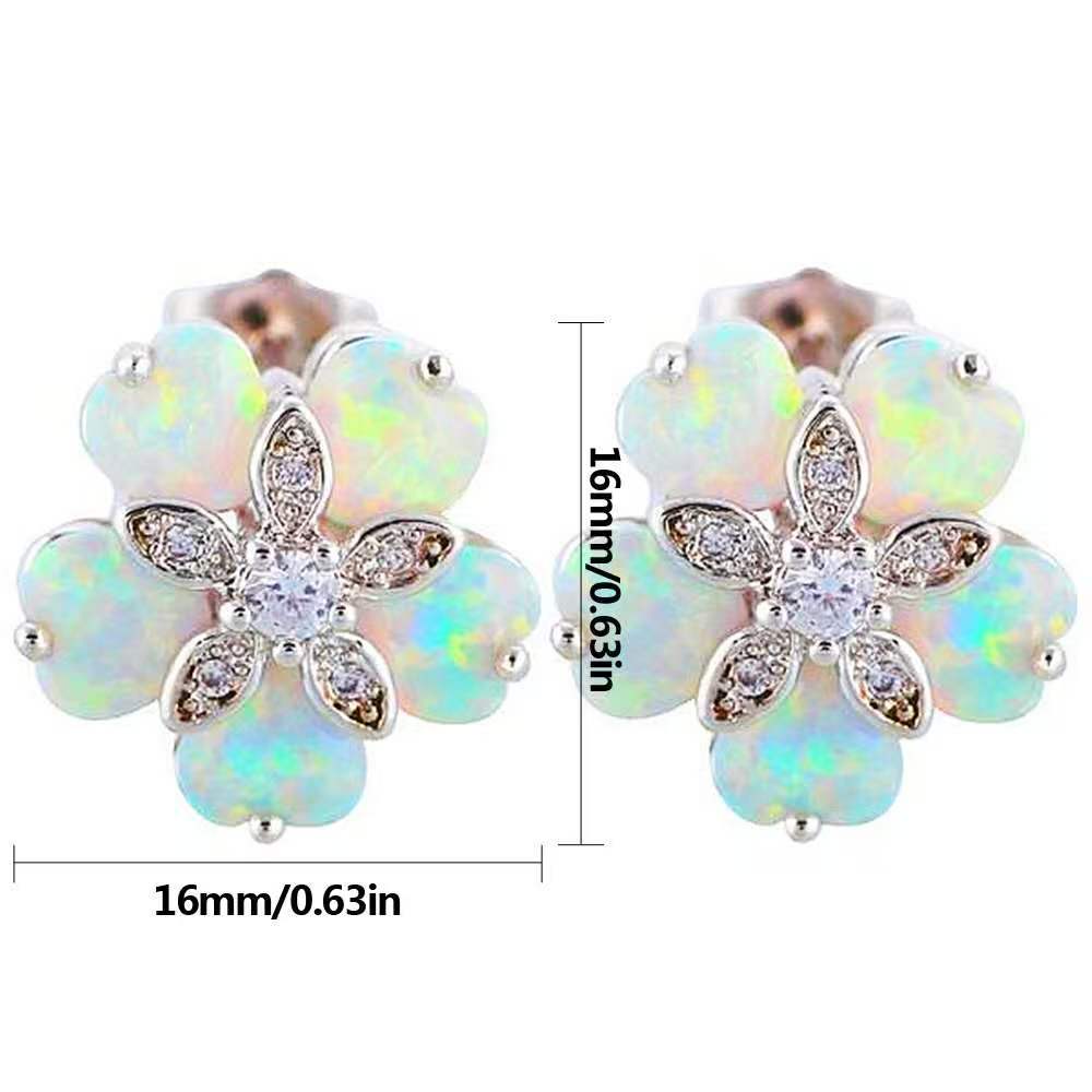 Opal Flower Stud Earrings, White Created Opal Floral Earrings with Cubic Zirconia, Silver Tone Flower Clip On Earrings for Women